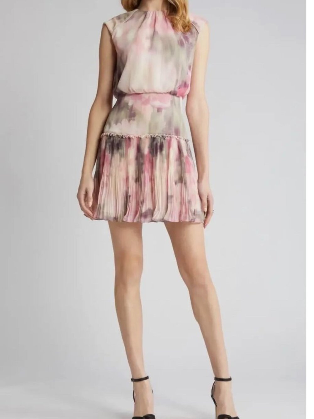 Ted Baker Floral Pleated Chiffon Mini Dress Pink Size 2